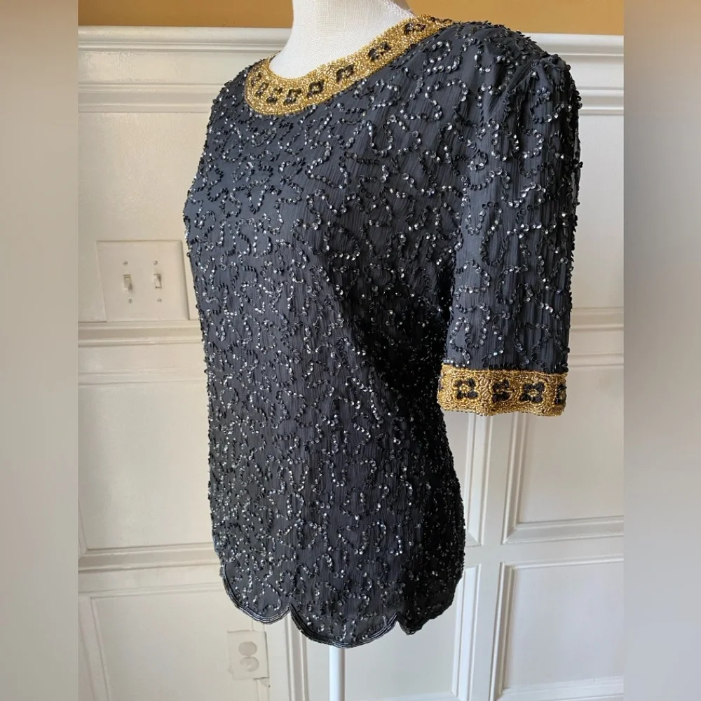 ❌SOLD❌ NWT VTG SCALA XXL FULLY SEQUIN BEADED EVENING BLOUSE BLACK AND GOLD PURE - Picture 3 of 11